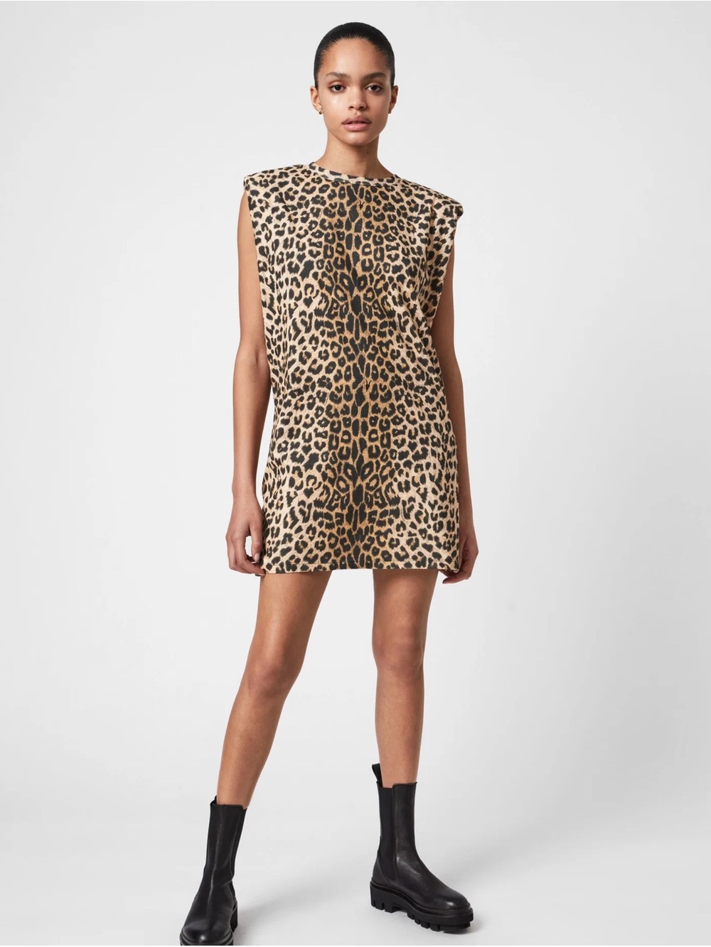 All Saints Leopard Shift Mini Dress in Tan and Black